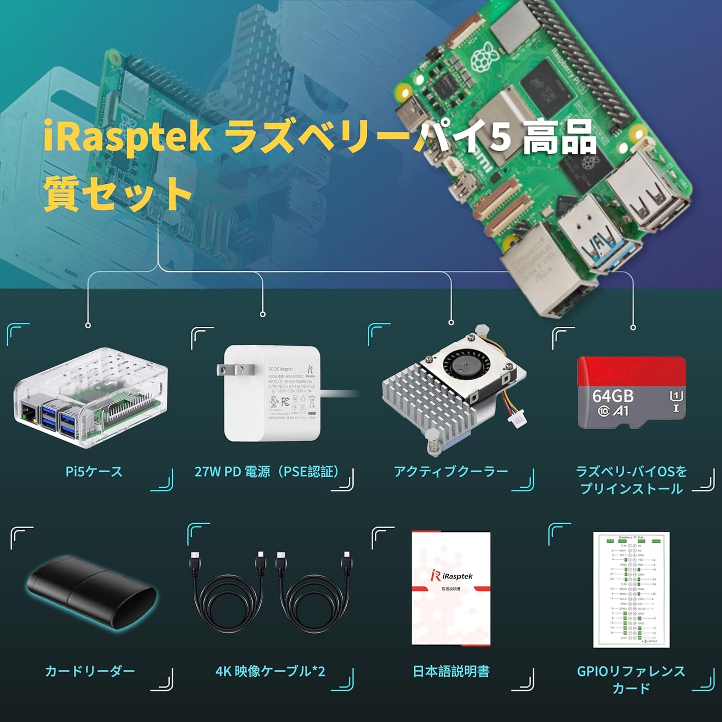 iRasptek Starter Kit For Raspberry Pi 5/ラズベリーパイ5 RAM 2GB — 64GB ラズベリーパイ OSをプリインストー（透明）