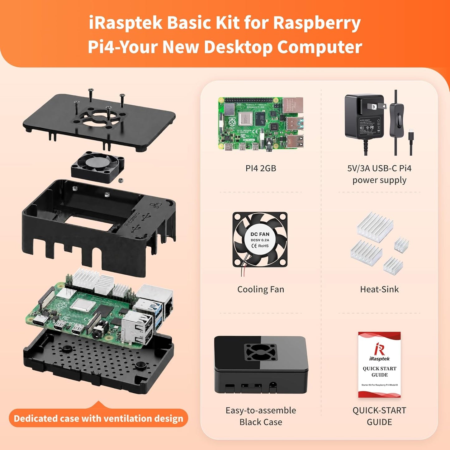 iRasptek Basic Kit for Raspberry Pi 4B 2GB RAM Included PI4 Case,5V 3A Power Supply,Cooling Fan and Heat-Sink