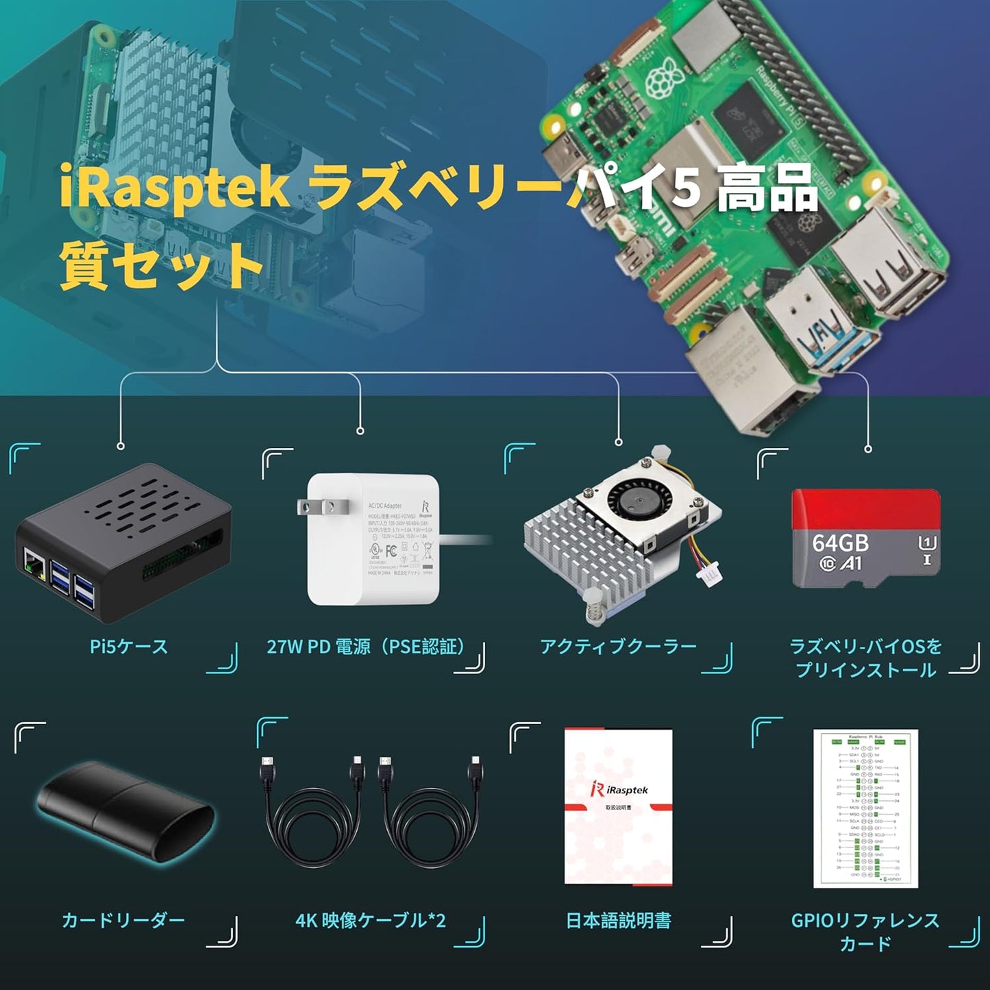 iRasptek Starter Kit For Raspberry Pi 5/ラズベリーパイ5 RAM 8GB — 64GB ラズベリーパイ OSをプリインストー