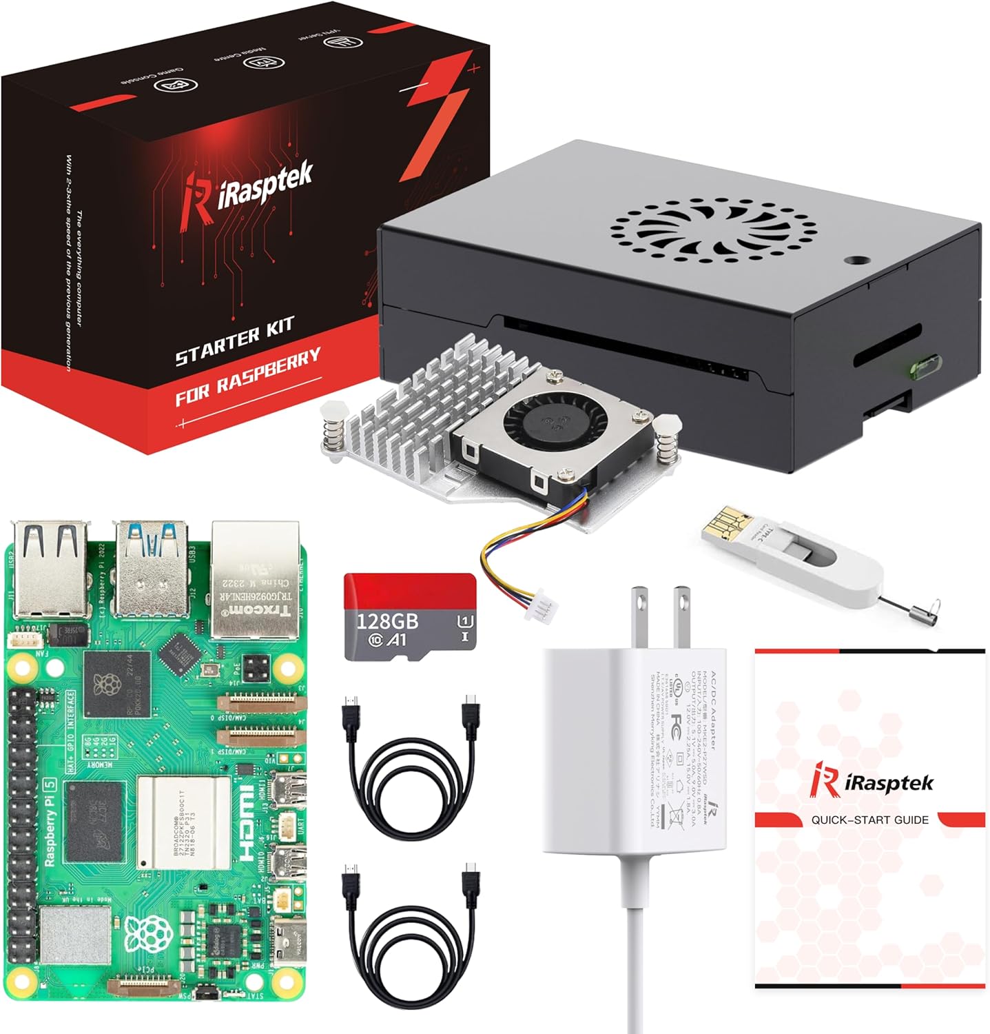 iRasptek Raspberry Pi 5 スターターキット 8GB RAM - OS-Bookwormプリインストール済み128GB版 (アルミニウムケース)