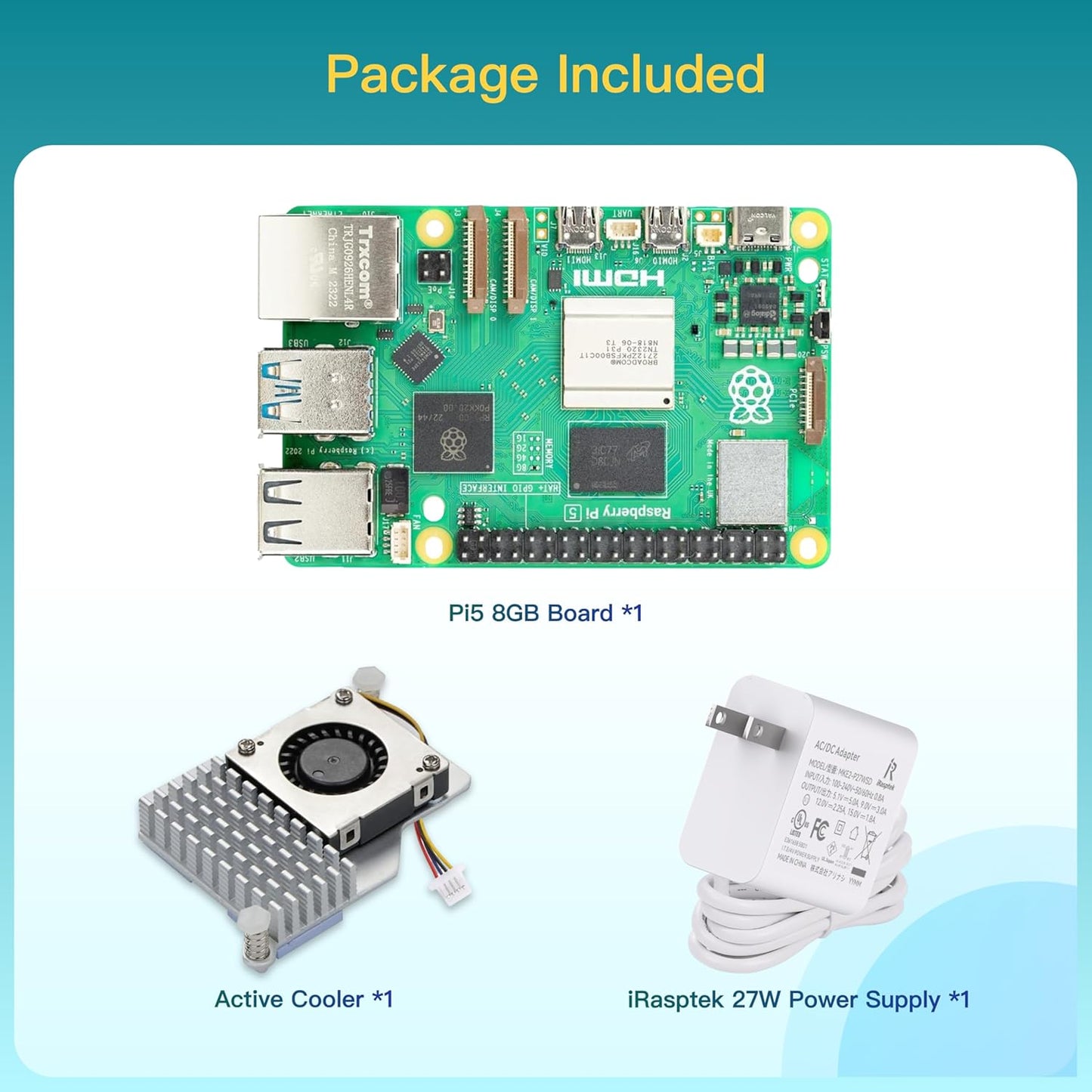 iRasptek Basic Kit for Raspberry Pi 5 8GB RAM- Includes 8GB Board, 27W PD Power Supply and Active Cooler