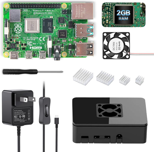 iRasptek Basic Kit for Raspberry Pi 4B 2GB RAM Included PI4 Case,5V 3A Power Supply,Cooling Fan and Heat-Sink