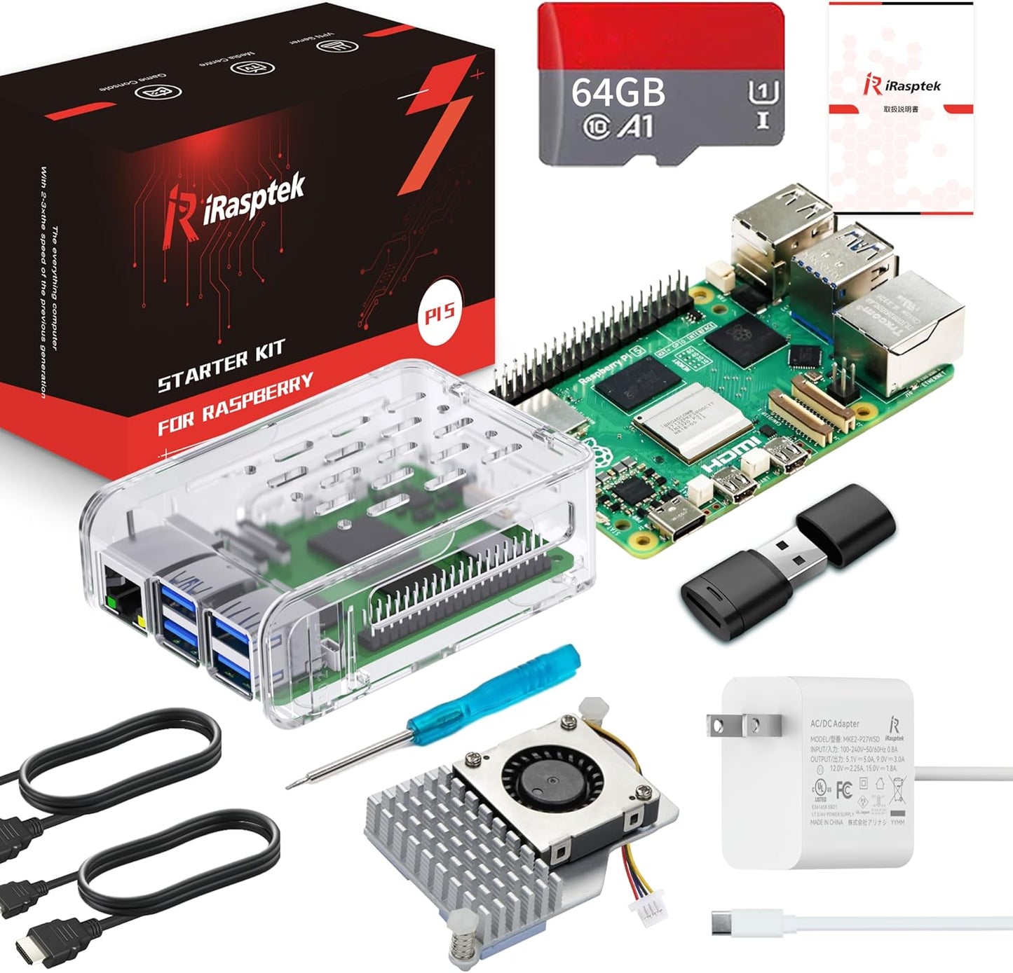 iRasptek Starter Kit For Raspberry Pi 5/ラズベリーパイ5 RAM 4GB — 64GB ラズベリーパイ OSをプリインストー（透明）