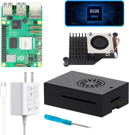 iRasptek Starter Kit for Raspberry Pi 5 8GB RAM- Includes 8GB Board, 5.1V 5A USB-C Pi5 Power Adaptery, Pi5 Metal Case and Active Cooler