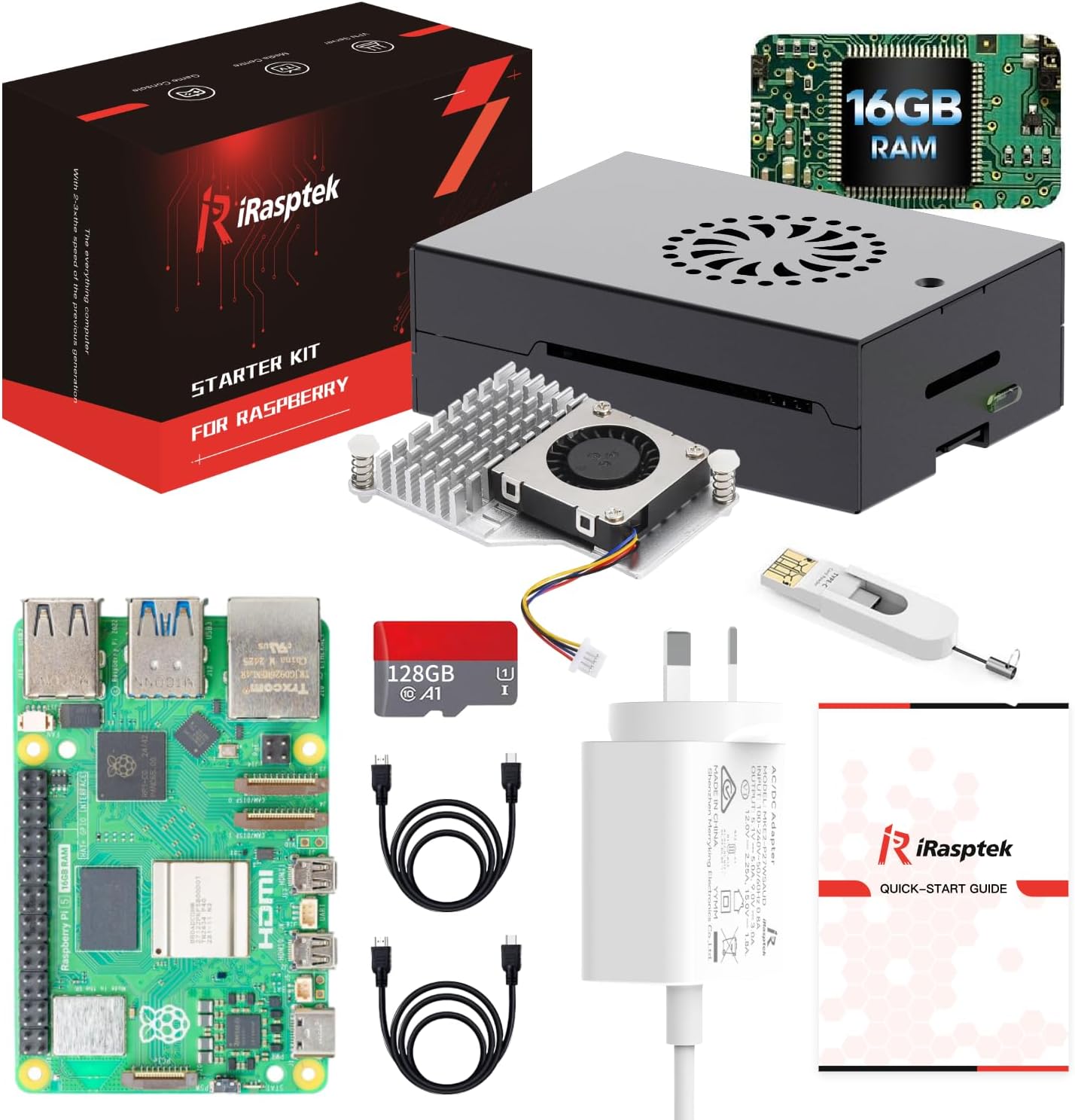 iRasptek Starter Kit for Raspberry Pi 5 16GB RAM - Pre-Loaded with 128GB Edition Pi OS (Aluminum Case)