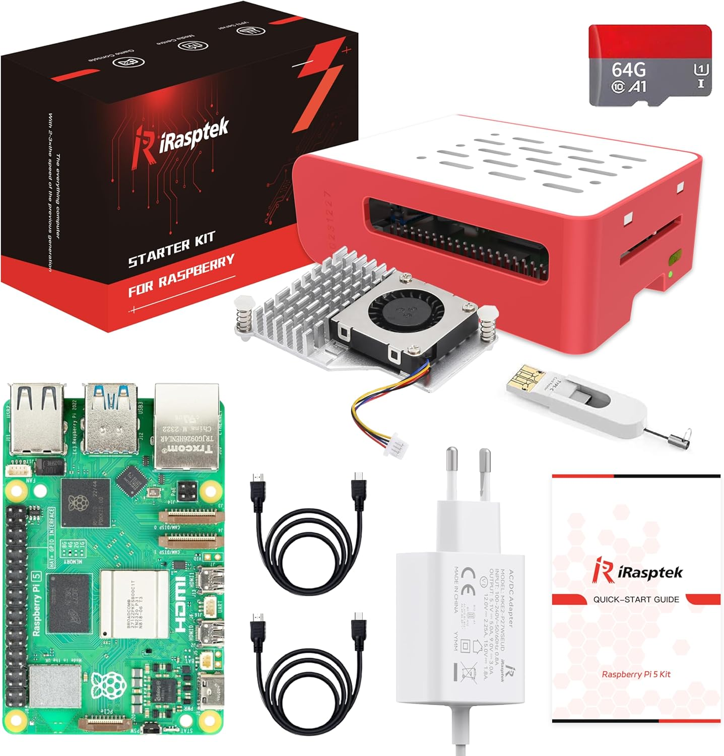 iRasptek Starter-Kit für Raspberry Pi 5 RAM 4GB-64GB Edition mit vorinstalliertem OS-Bookworm (Rot-weißes Gehäuse)