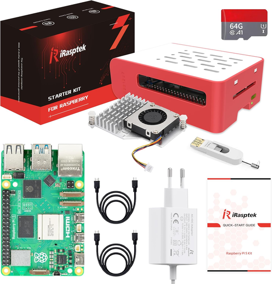 iRasptek Starter Kit for Raspberry Pi 5 RAM 4GB-64GB Edition of OS-Bookworm Pre-Loaded(Red&White Case)