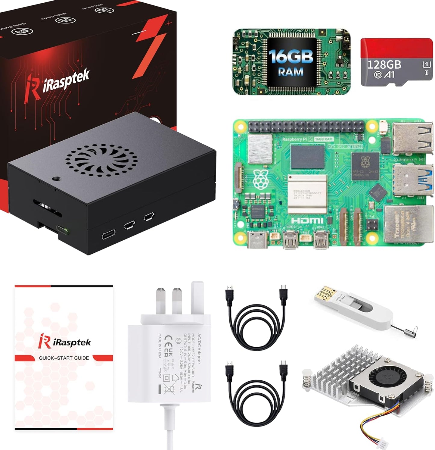 iRasptek Starter Kit for Raspberry Pi 5 16GB RAM - Pre-Loaded with 128GB Edition Pi OS (Aluminum Case)