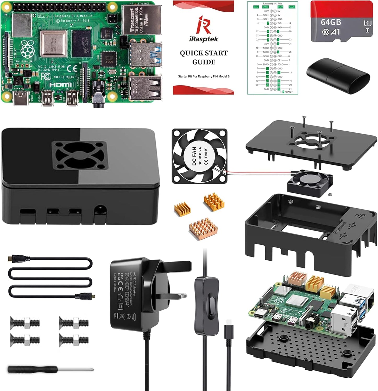iRasptek Starter Kit for Raspberry Pi 4B 4GB RAM-64GB Edition with Pi OS Pre-Installed