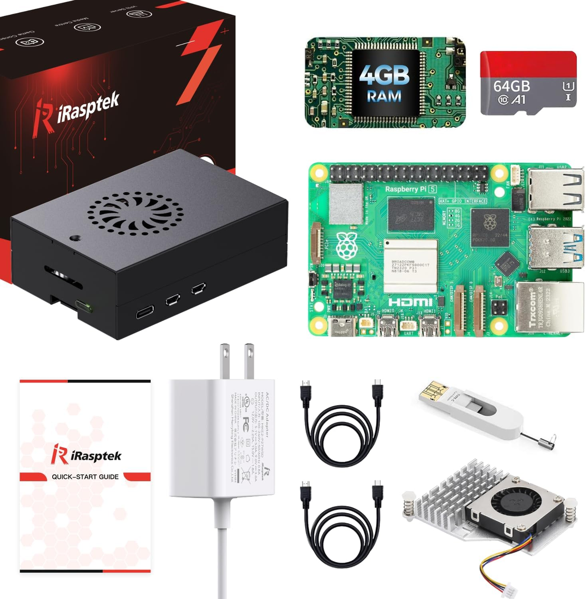 iRasptek Starter Kit for Raspberry Pi 5 RAM 4GB-64GB Edition of OS-Bookworm Pre-Loaded(Aluminum Case)