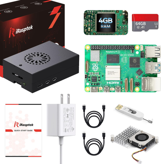 iRasptek Starter Kit for Raspberry Pi 5 RAM 4GB-64GB Edition of OS-Bookworm Pre-Loaded(Aluminum Case)