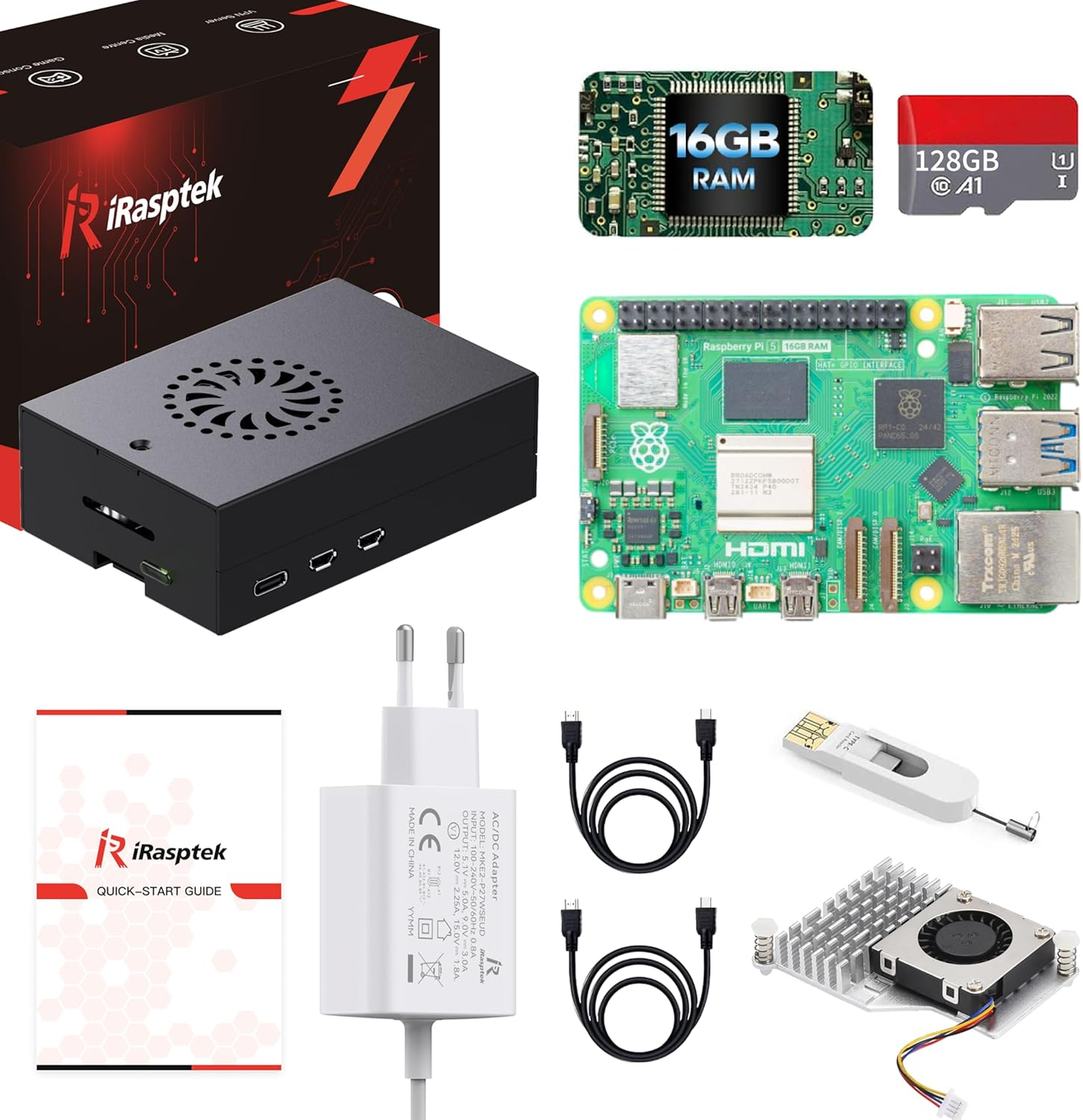 iRasptek Starter Kit for Raspberry Pi 5 16GB RAM - Pre-Loaded with 128GB Edition Pi OS (Aluminum Case)
