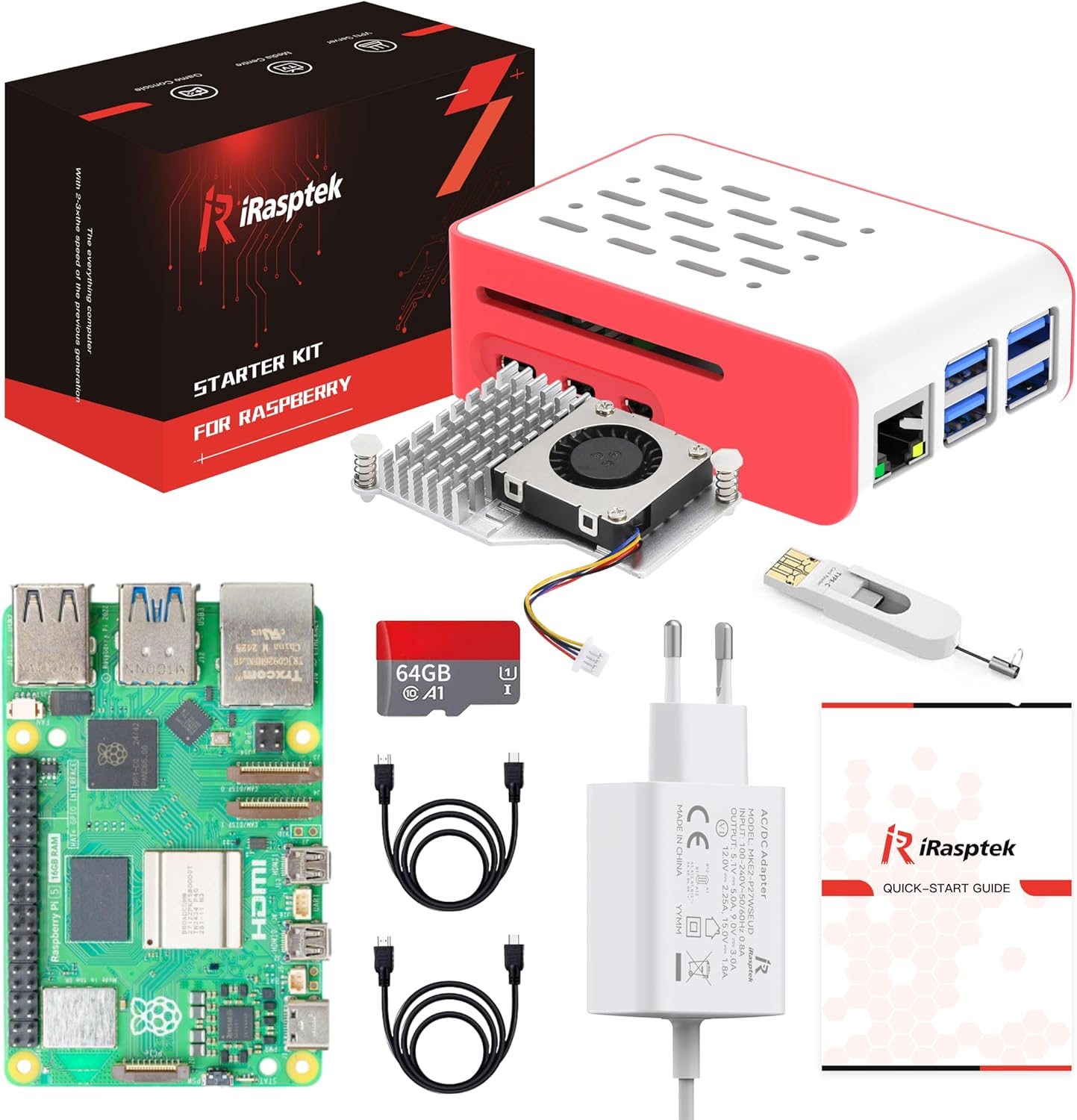 iRasptek Starter Kit für Raspberry Pi 5 16GB RAM 64GB mit vorinstalliertem Bookworm OS (Gehäuse Rot & Weiß)