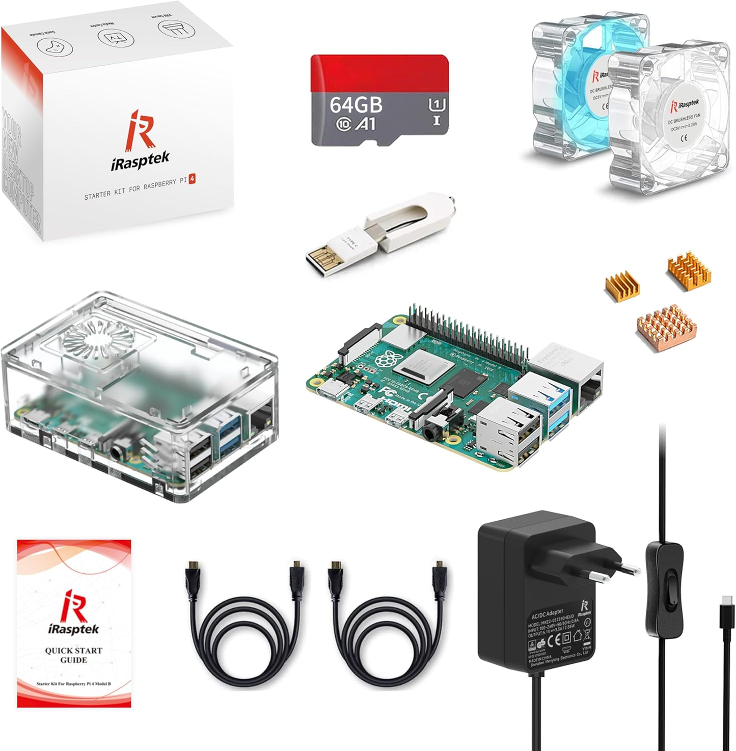 iRasptek Starter Kit for Raspberry Pi 4B 4GB - 64GB Edition,Noobs Preinstalled,5V 3.5A Power Supply,Display Cable,Heatsink,Transparent Case and Cooling Fan,Card Reader,GPIO Reference Card
