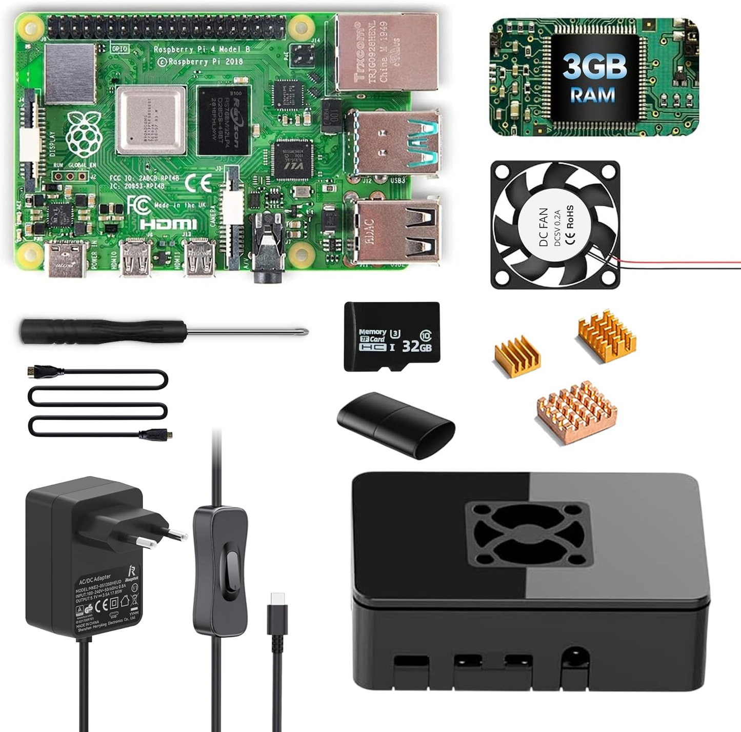 iRasptek Starter Kit for Raspberry Pi 4B 3GB RAM-32GB SD Card Edition