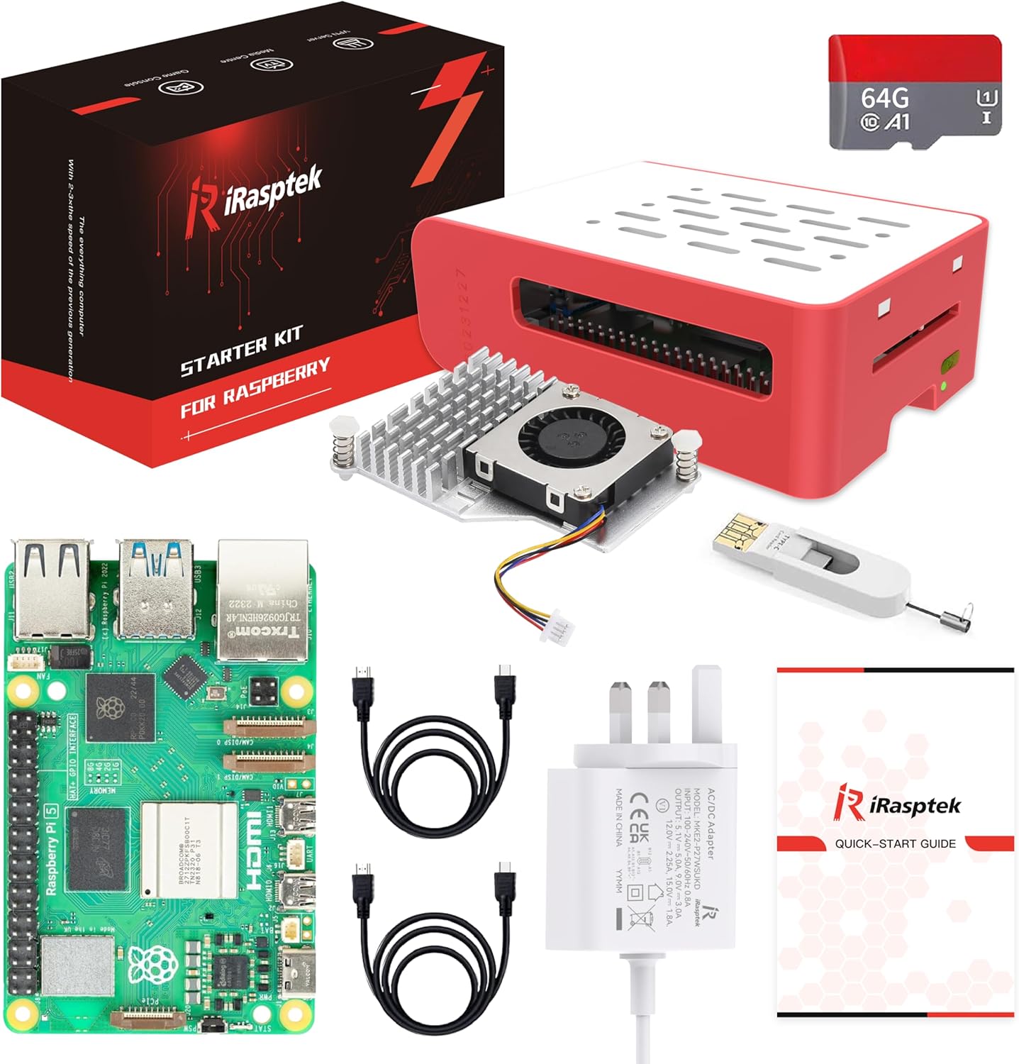 iRasptek Starter-Kit für Raspberry Pi 5 RAM 4GB-64GB Edition mit vorinstalliertem OS-Bookworm (Rot-weißes Gehäuse)